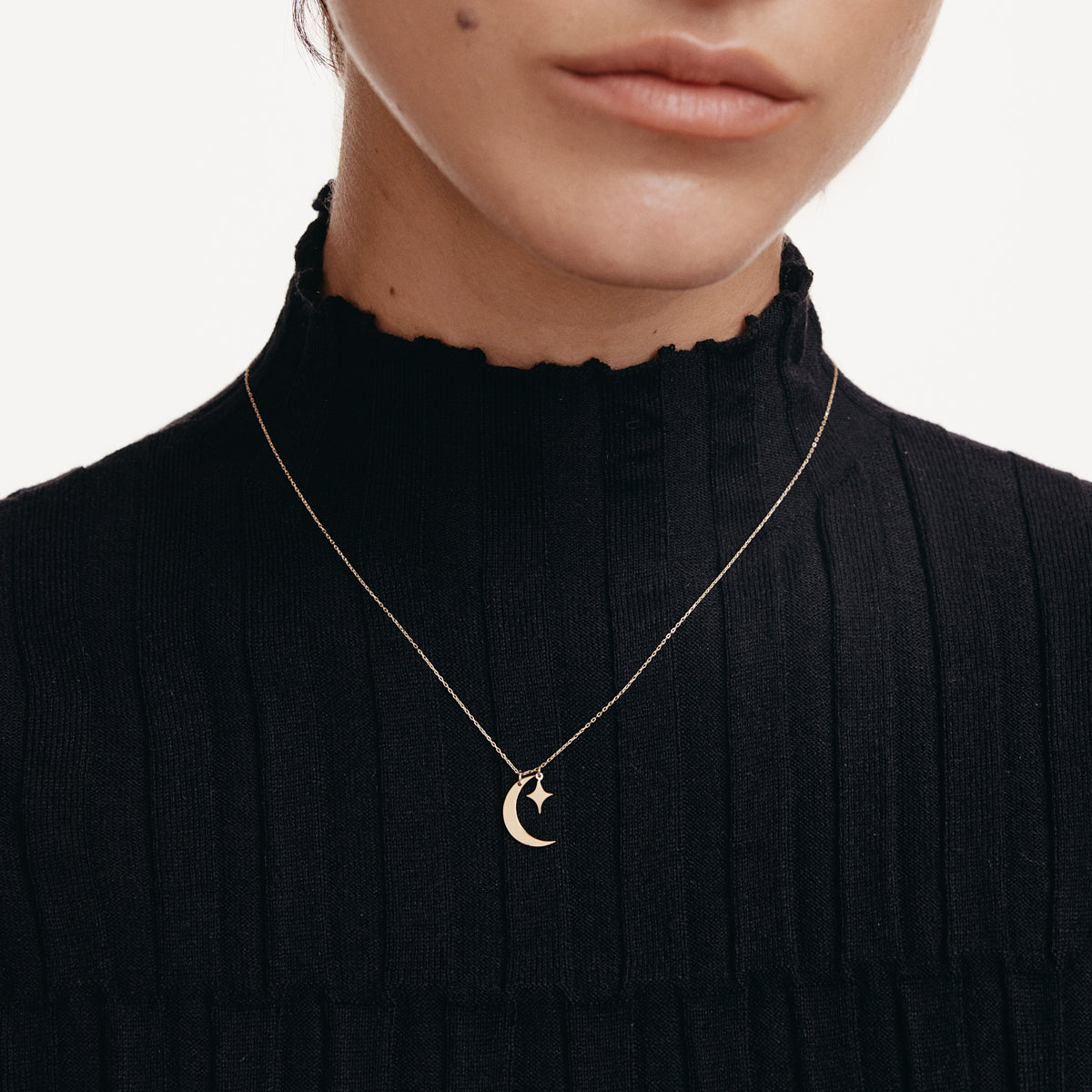 Crescent and Star Necklace in 14K Gold