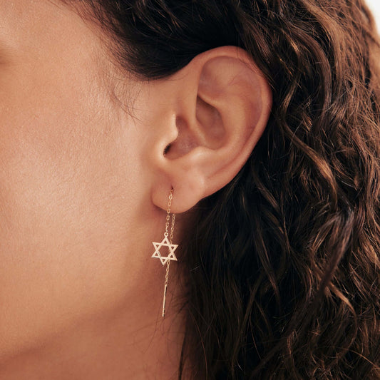 Boucles d'oreilles fil à enfiler étoile de David en or massif 585