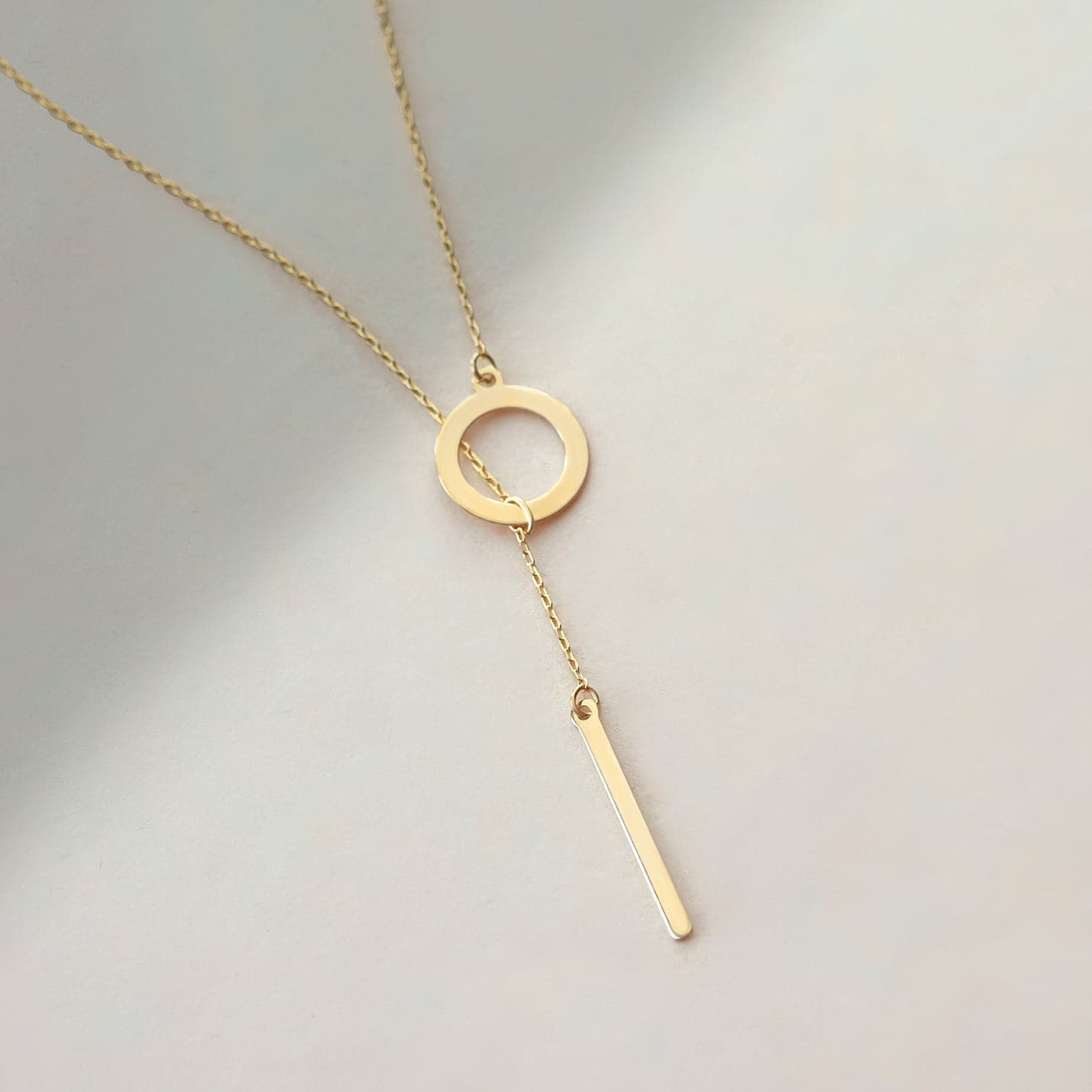 Vertical Bar and Circle Y-Necklace in 14K Gold