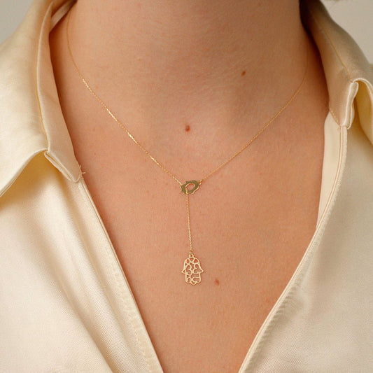 Hamsa Lariat Necklace made of 585 gold