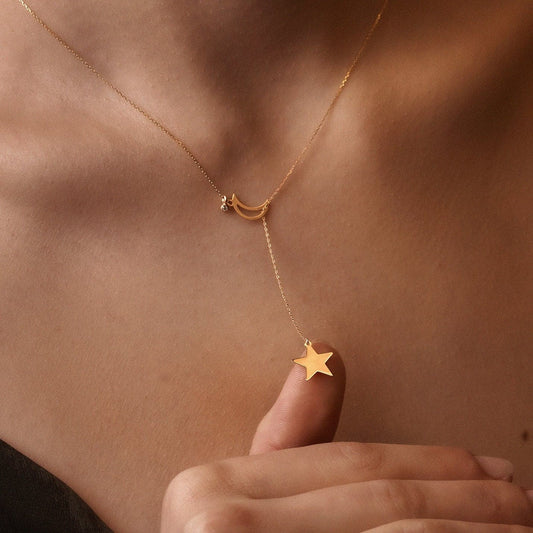 Diamond moon star Y-necklace made of 585 solid gold