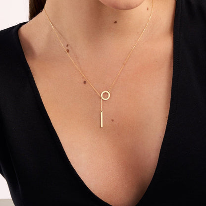 Vertical Bar and Circle Y-Necklace in 14K Gold