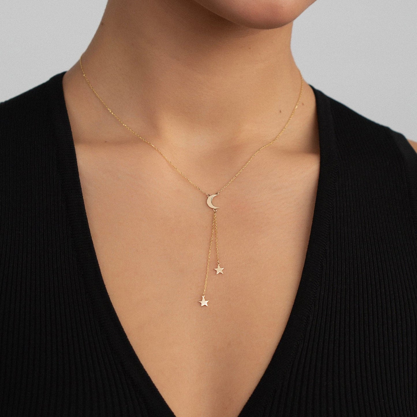 Mondsichel und Sterne Y-Halskette